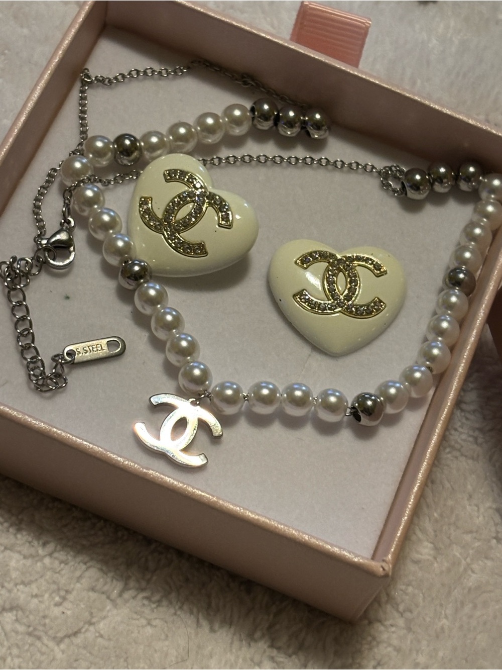 Ivory Pearl Heart Necklace and Earrings Set